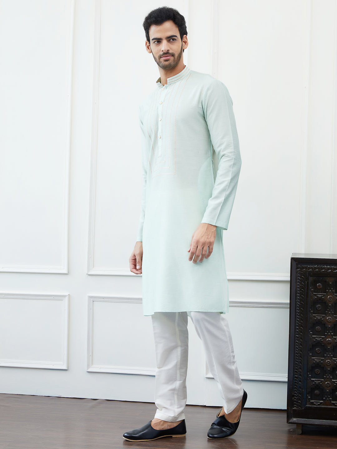 Solid Pure Cotton Straight Kurta with Gota Neck Design and Pyjama