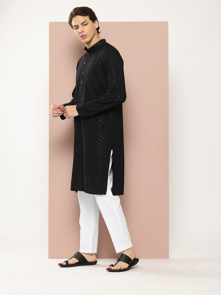 Men's Black Sequin Embroidered Rayon Kurta, Paired with Pyjama