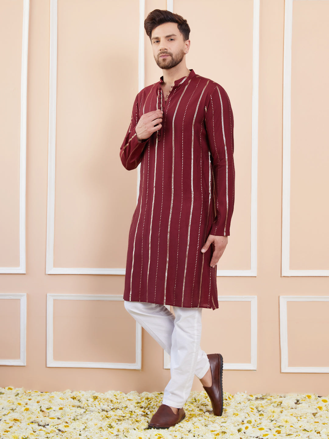 Men Maroon and Gold Sequins Embroidered Chanderi Silk Straight Kurta With Pyjama