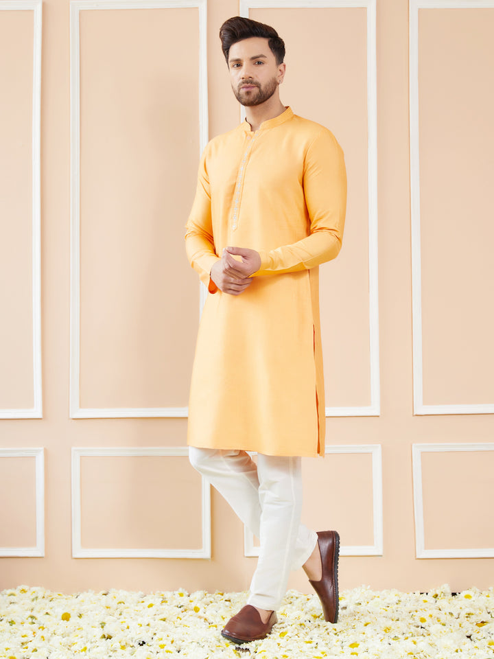 Peach Orange Chanderi Silk Straight Kurta with Embroidered Neckline