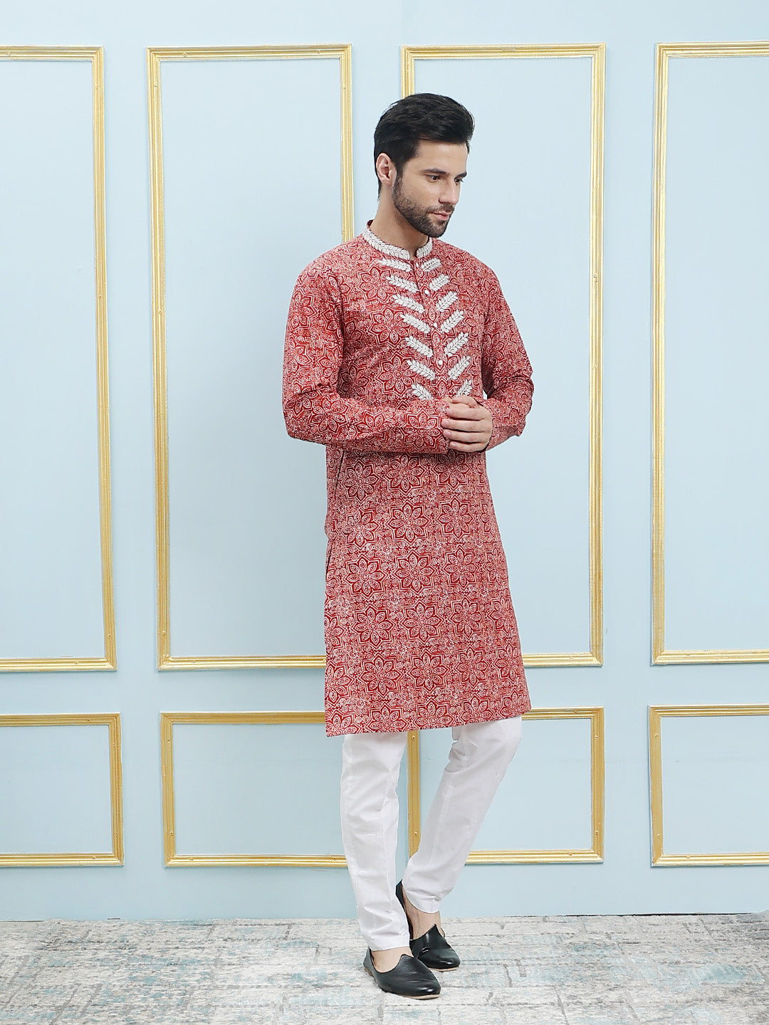 Printed Pure Cotton Straight Kurta with Embroidered Neck Design and Pyjama