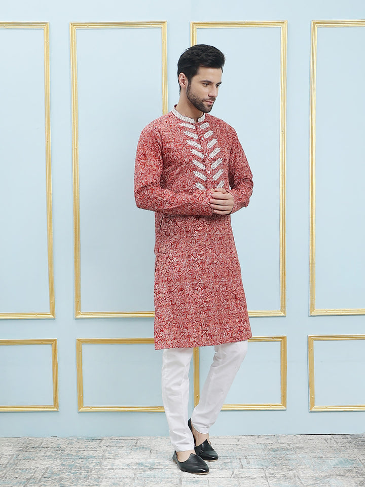 Printed Pure Cotton Straight Kurta with Embroidered Neck Design and Pyjama