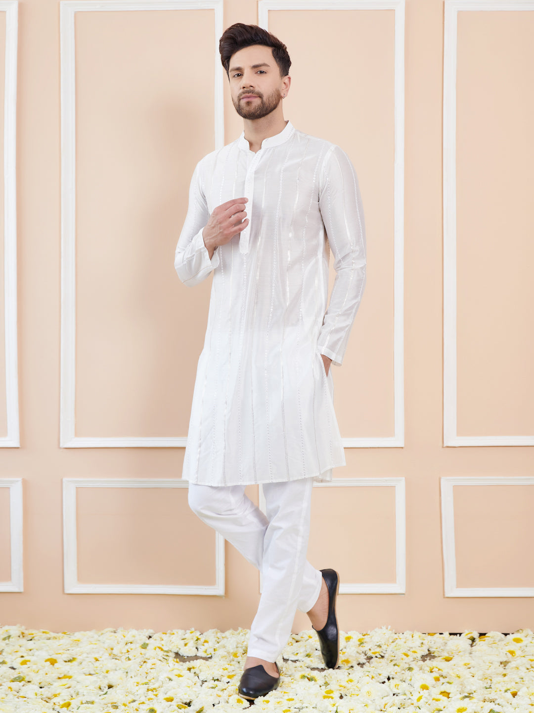 White Sequins Embroidered Pure Chanderi Silk Straight Kurta