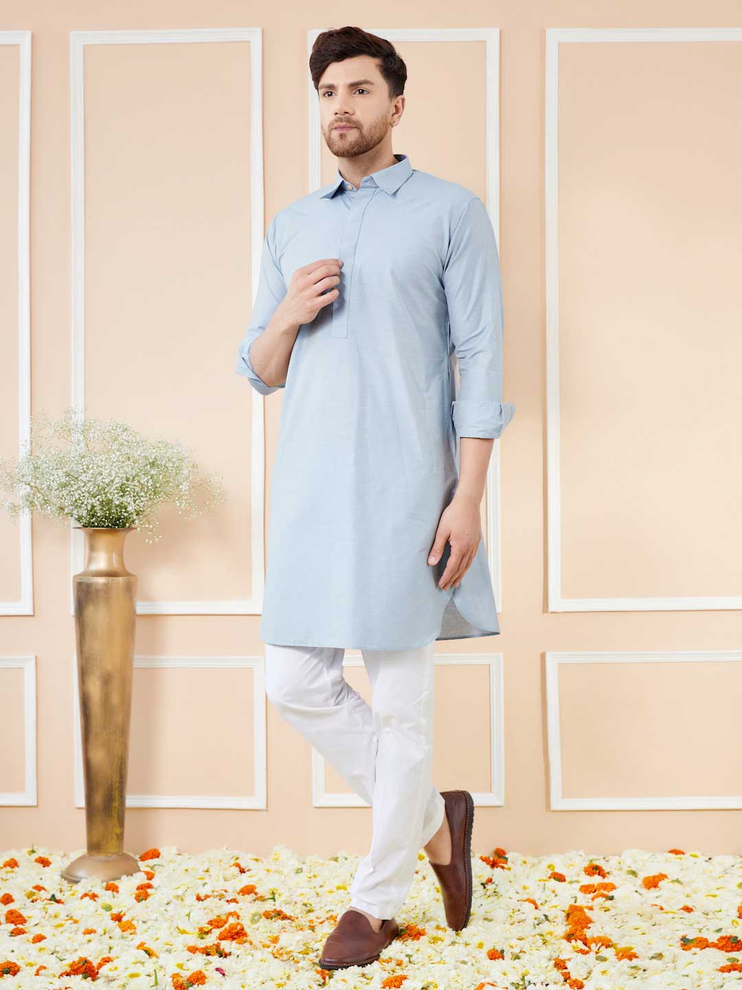 Blue Cotton Solid Pathani Kurta with Pyjama