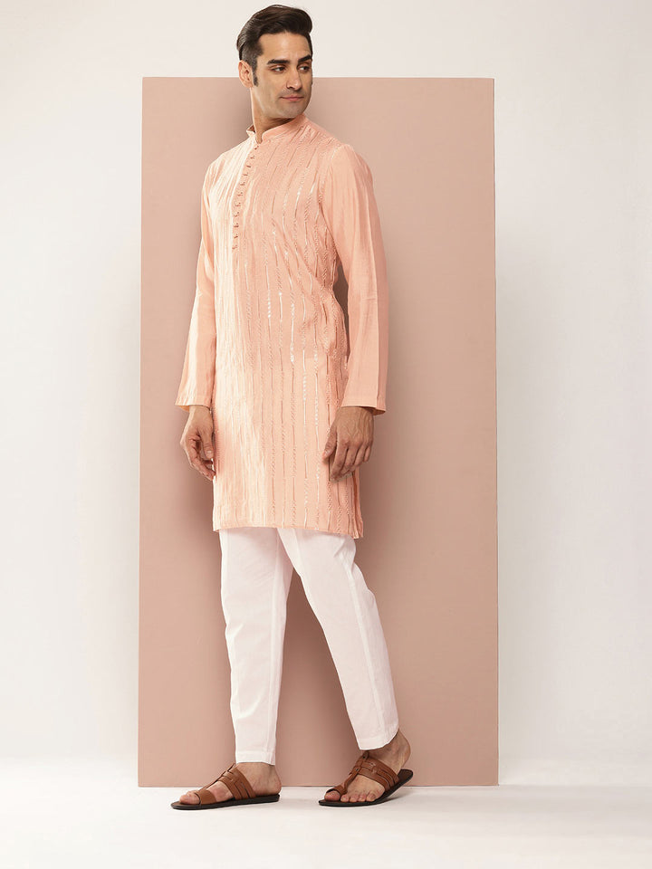 Light Pink Chanderi Silk Kurta with Embroidery and Sequins, Paired with Pyjama