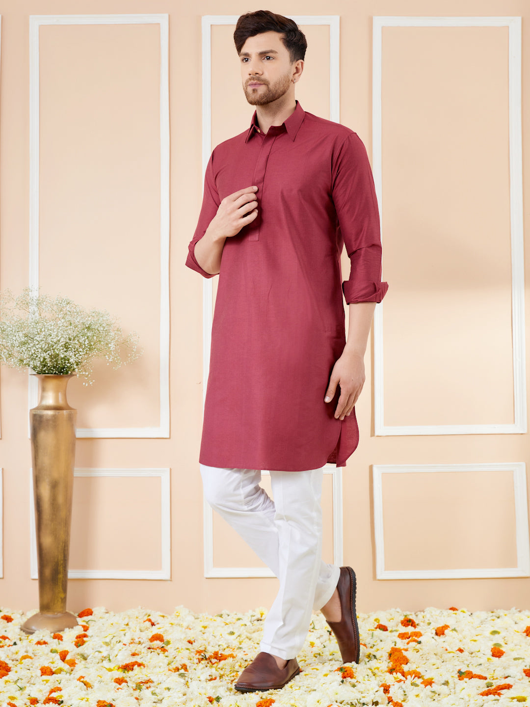 Red Cotton Solid Pathani Kurta with Pyjama