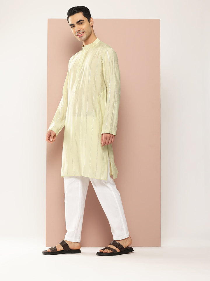 Men's Cream Chanderi Silk Kurta with Sequin Embroidery, Paired with Pyjama