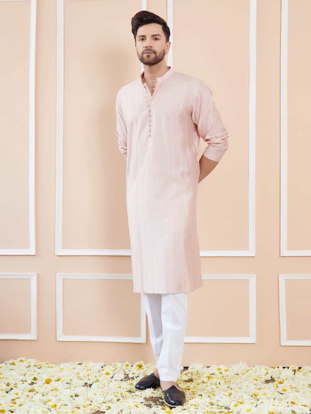 Men Pink and Gold Sequins Embroidered Chanderi Silk Straight Kurta With Pyjama