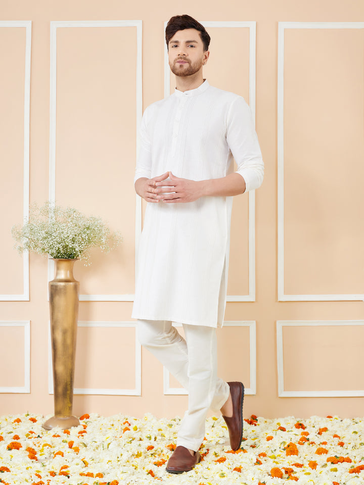 White Pintuck Worked Cotton Solid Straight Kurta