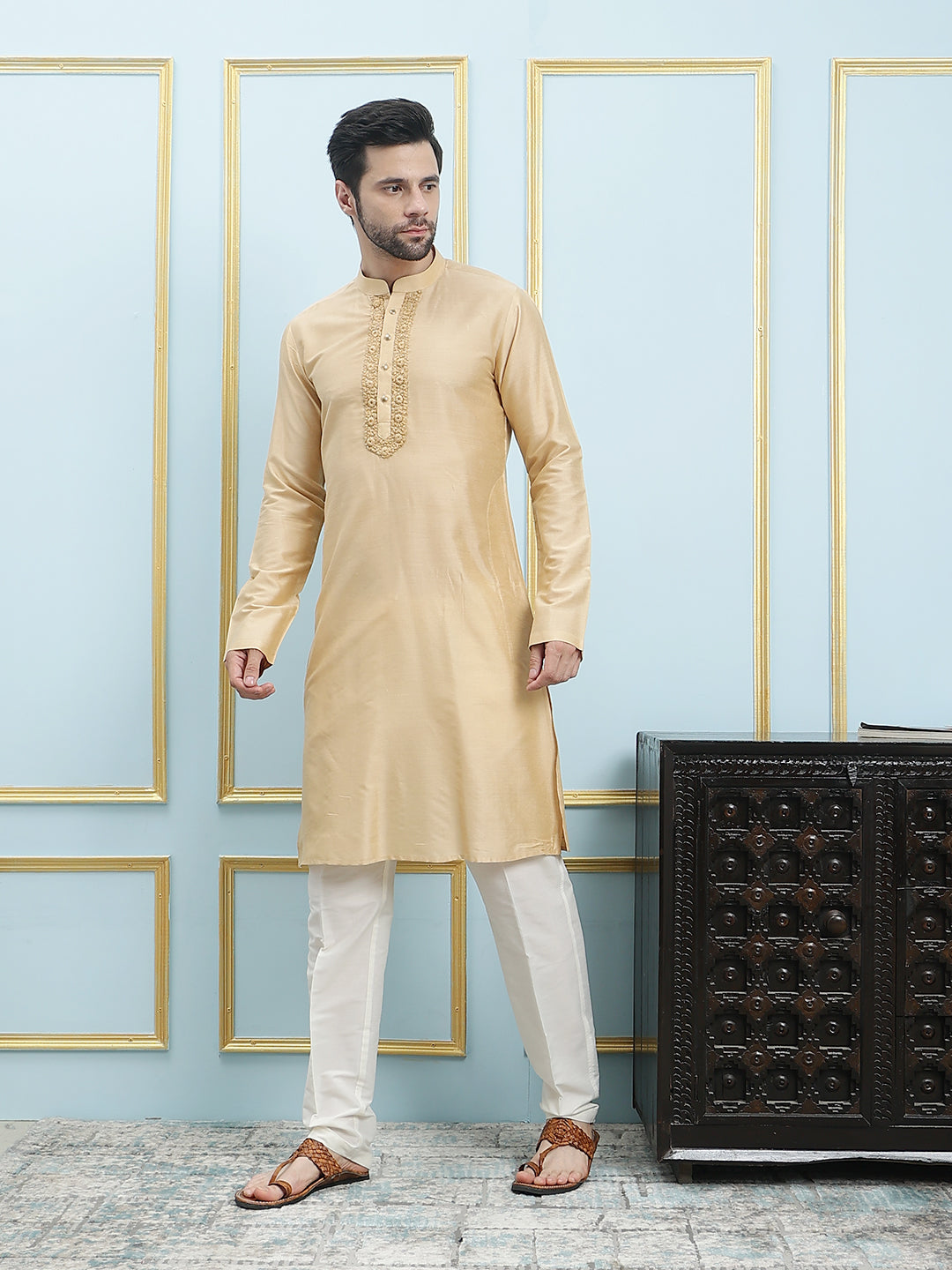 Solid Pure Cotton Straight Kurta with Embroidered Neck Design