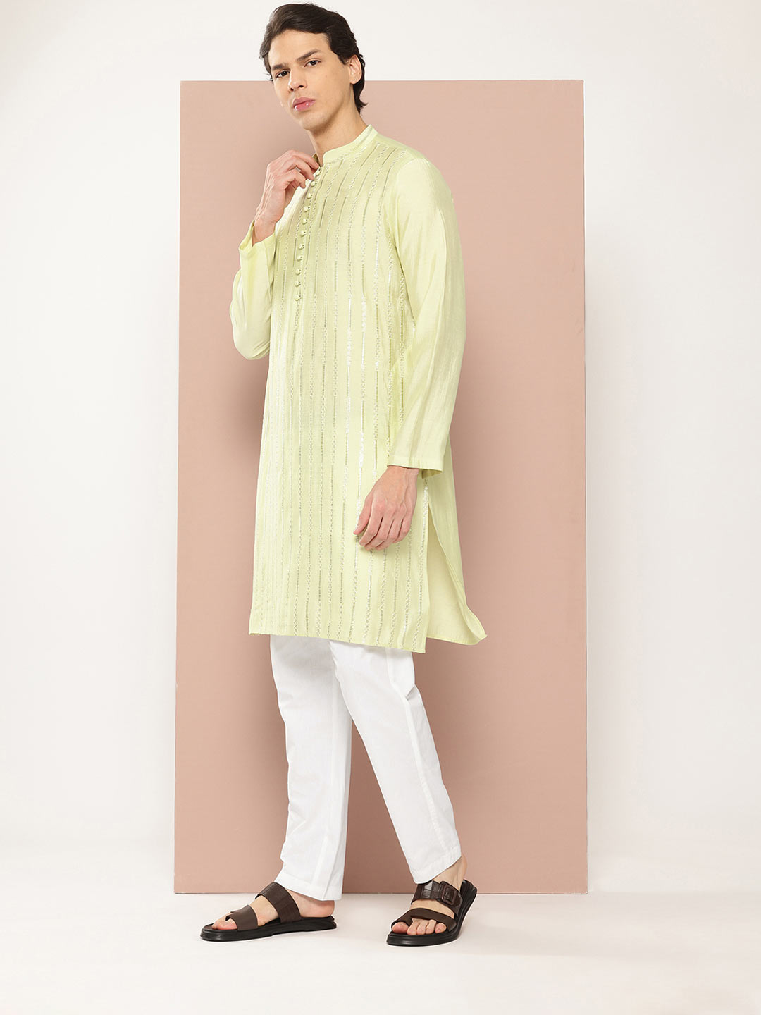 Men's Pista Green Sequin Embroidered Chanderi Silk Kurta, Paired with Pyjama