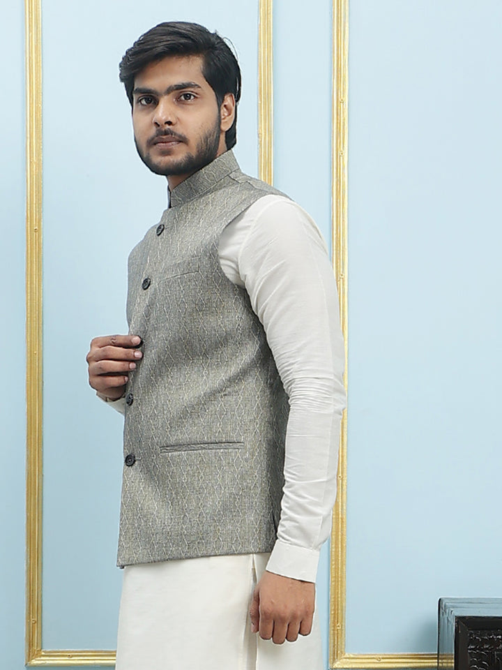 Pure Silk Kurta & Pyjama with Woven Jacquard Nehru Jacket