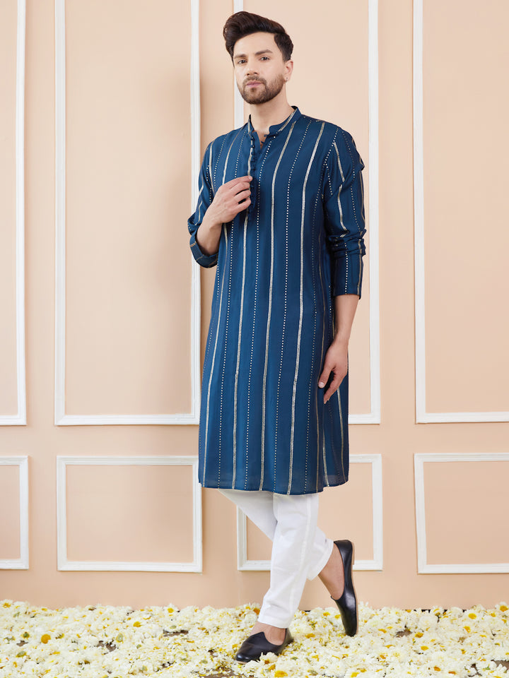 Blue and Gold Sequins Embroidered Chanderi Silk Straight Kurta With Pyjama