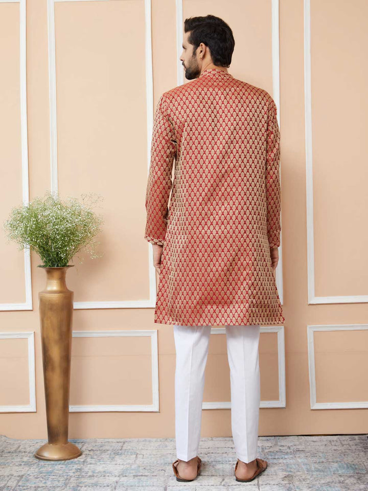 Beige-Maroon Ethnic Motifs Silk Jacquard Woven Design Straight Kurta