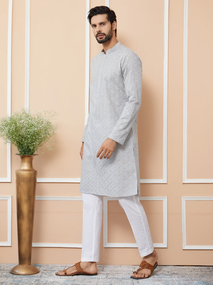 Grey Sequins and Thread Embroidered Cotton Straight Kurta with Pyjama