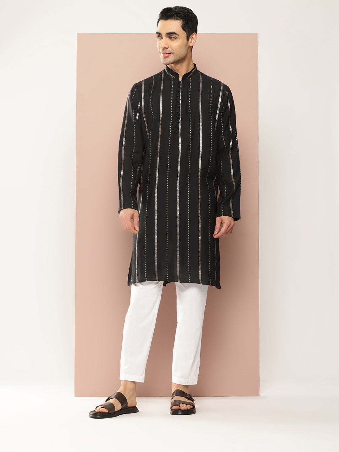 Men's Black Chanderi Silk Kurta with Sequin Embroidery, Paired with Pyjama