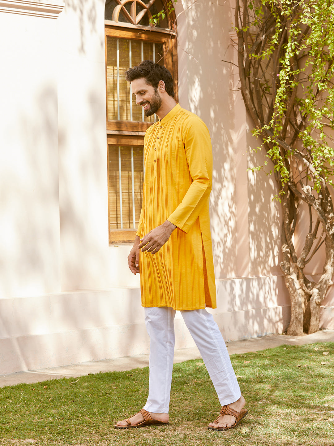 Pintuck Cotton Silk Straight Kurta with Pyjama