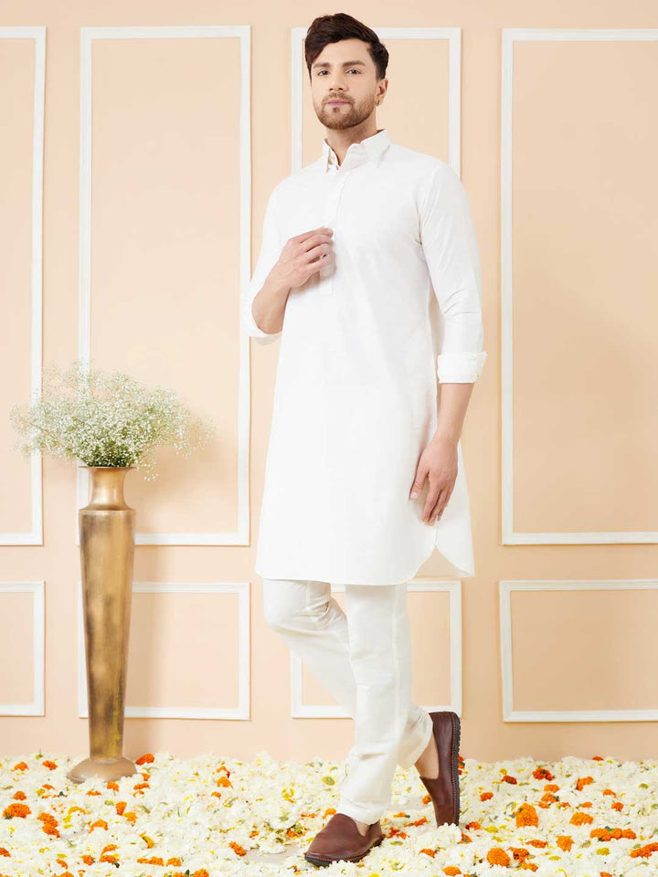 Off White Cotton Solid Pathani Kurta with Pyjama