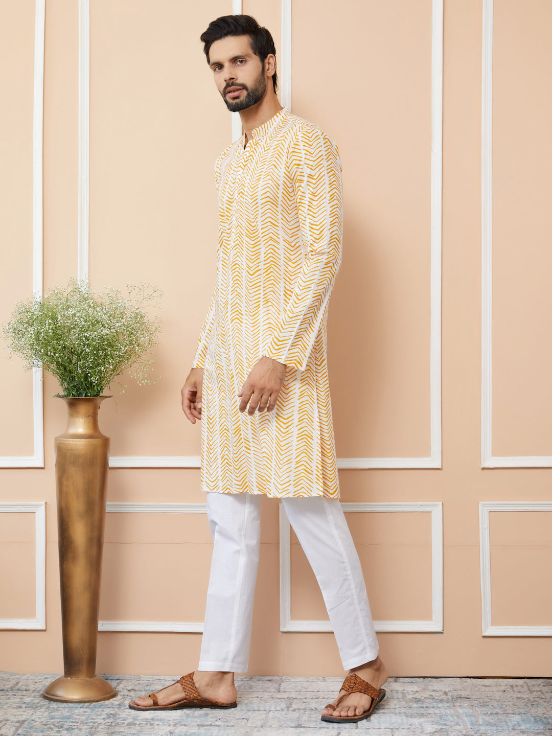 White-Yellow Printed Pure Cotton Straight Kurta with Pyjama