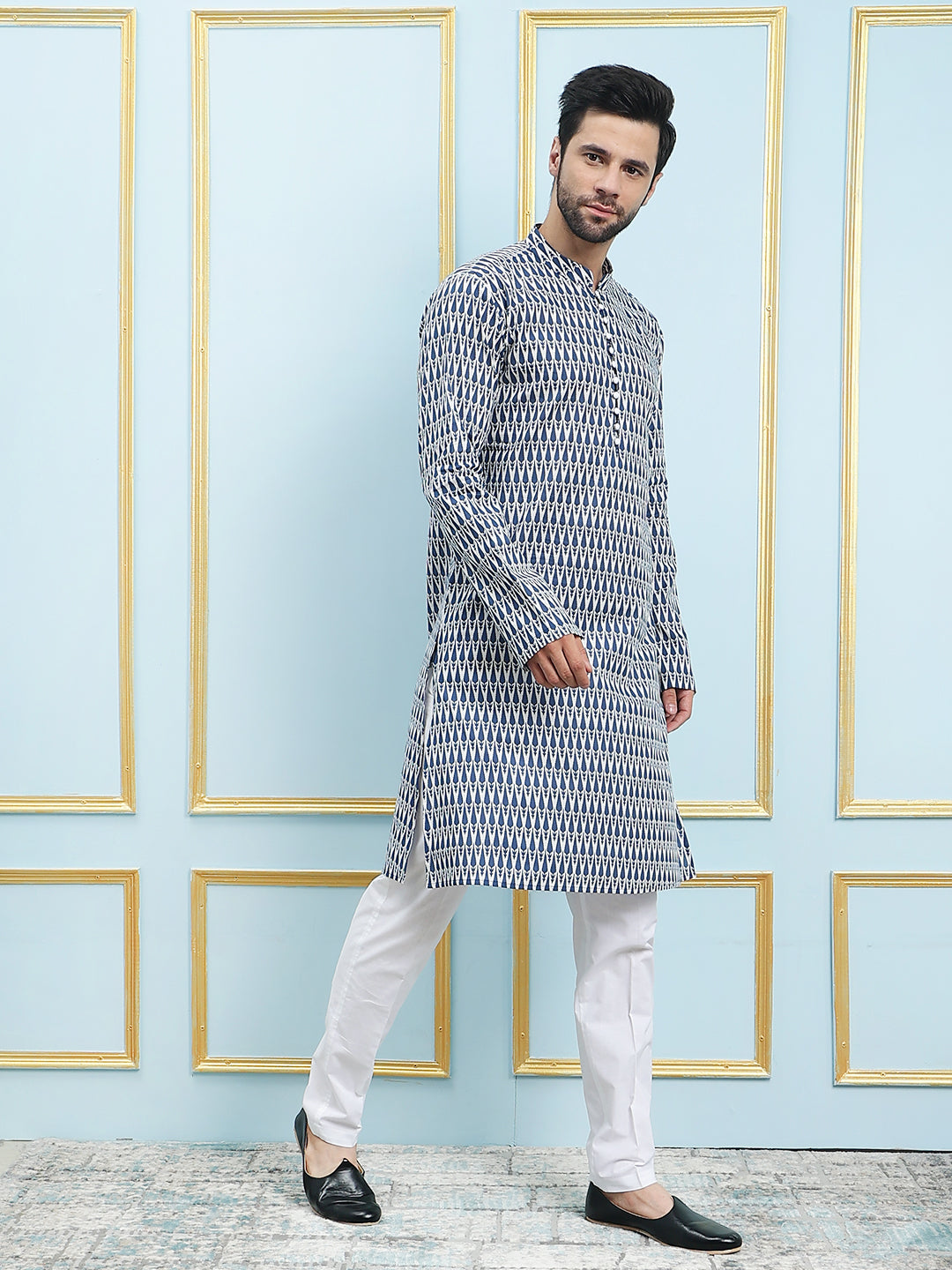 Blue Printed Pure Cotton New Design Straight Kurta