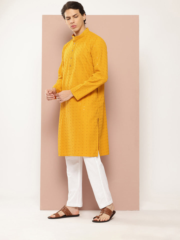 Men's Mustard Sequin Embroidered Rayon Kurta, Paired with Pyjama