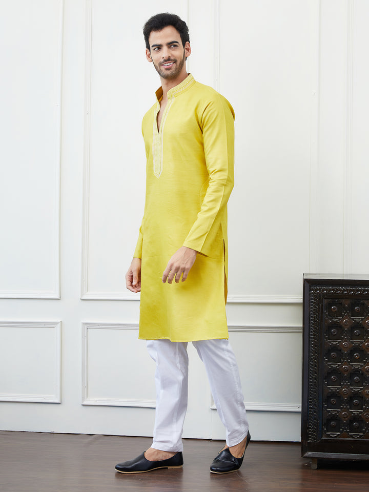 Solid Pure Cotton Straight Kurta with Embroidered Sequin and Thread worked Neck Design