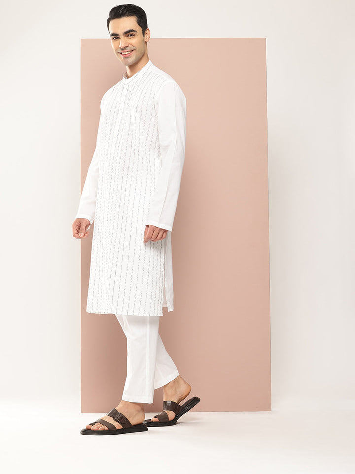 Men's White Cotton Kurta with Pintex Design, Paired with Pyjama