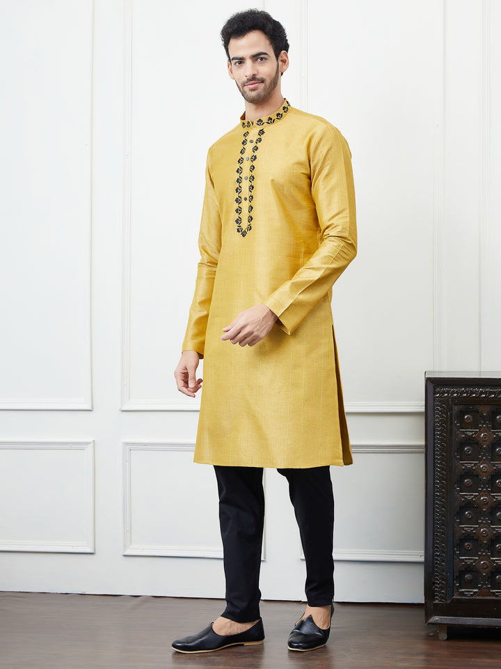 Solid Pure Cotton Straight Kurta with Embroidered Neck Design and Pyjama