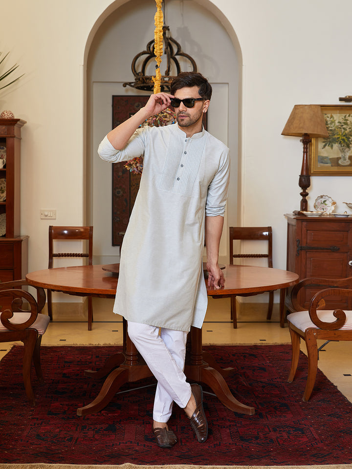 Pintuck Yoke Cotton Silk Straight Kurta with Pyjama