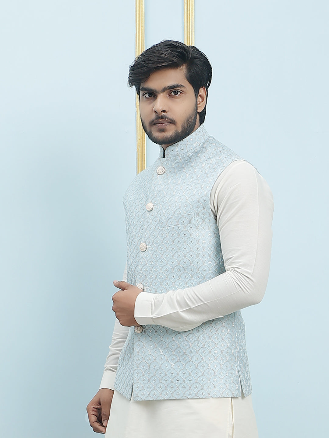 Pure Silk Kurta & Pyjama with Sequins Embroidered Nehru Jacket