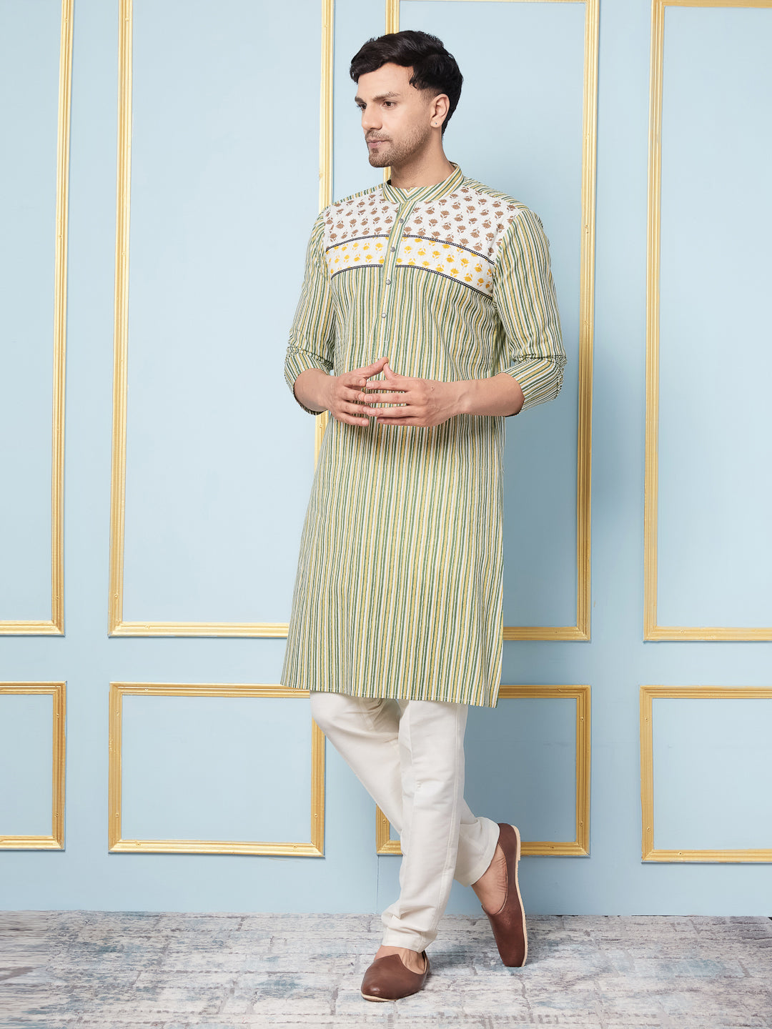 Green Striped Printed Kurta With Pyjama