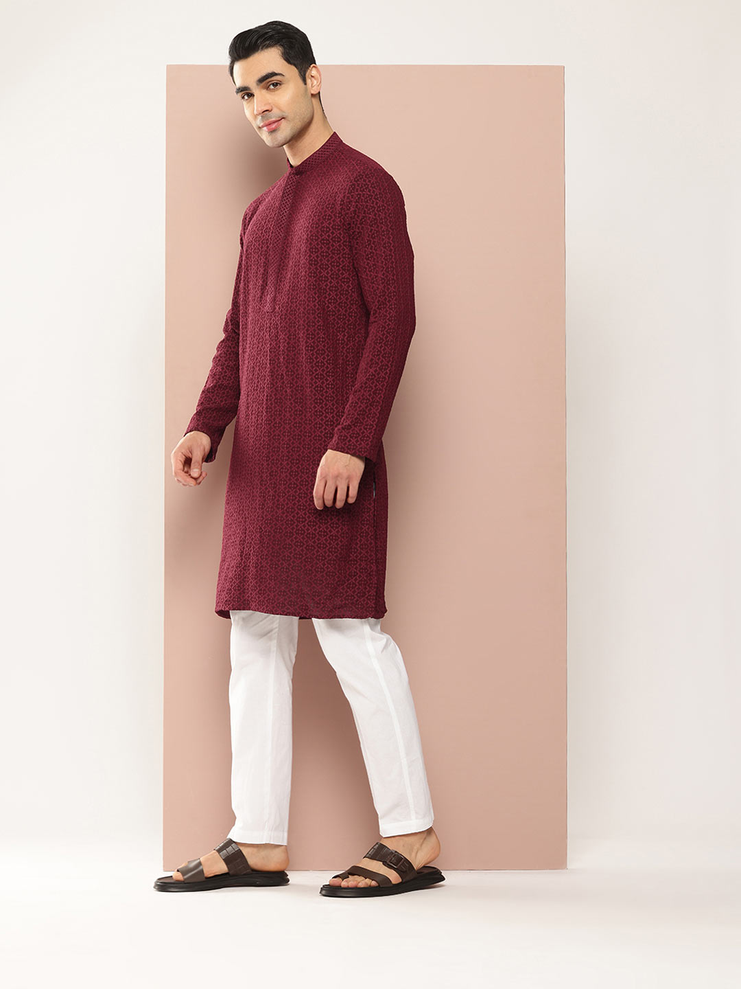 Men’s Maroon Rayon Kurta with Embroidered Chikankari, Paired with Pyjama