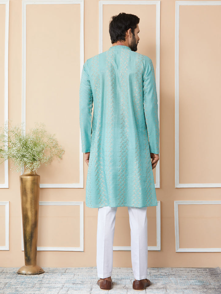 Ice Green Embroidered Thread Work Sequinned Chanderi Silk Straight Kurta