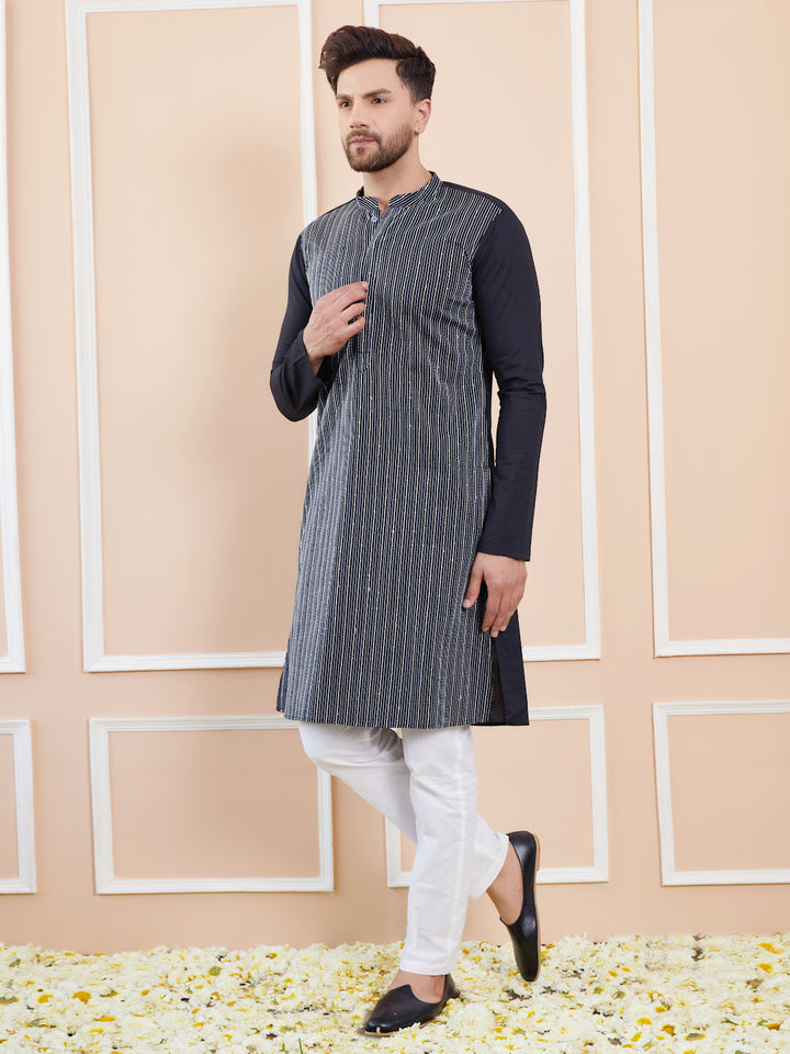 Black Sequins and Thread Worked Cotton Straight Kurta