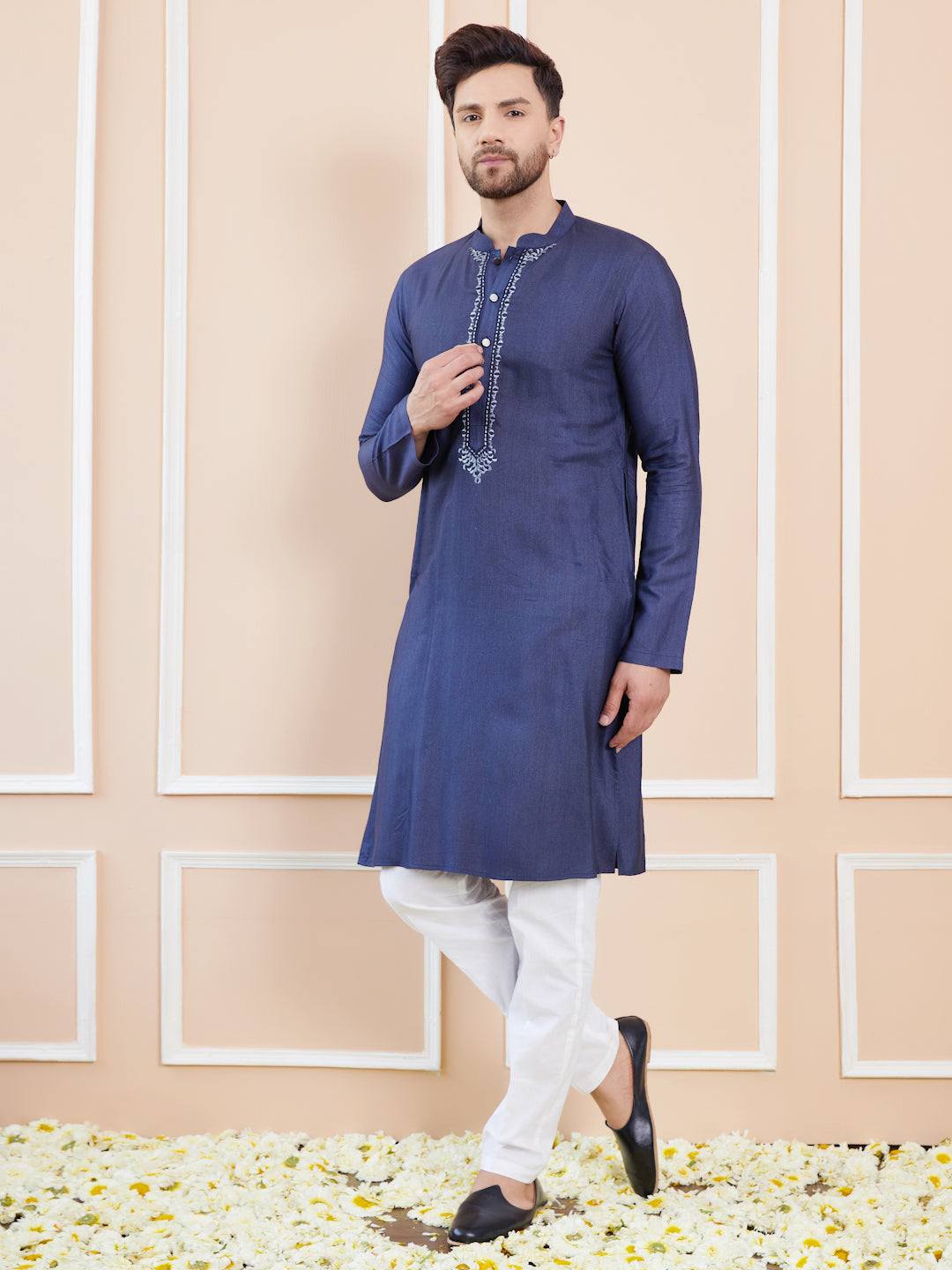 Blue Cotton Solid Straight Kurta with Embroidered Neckline