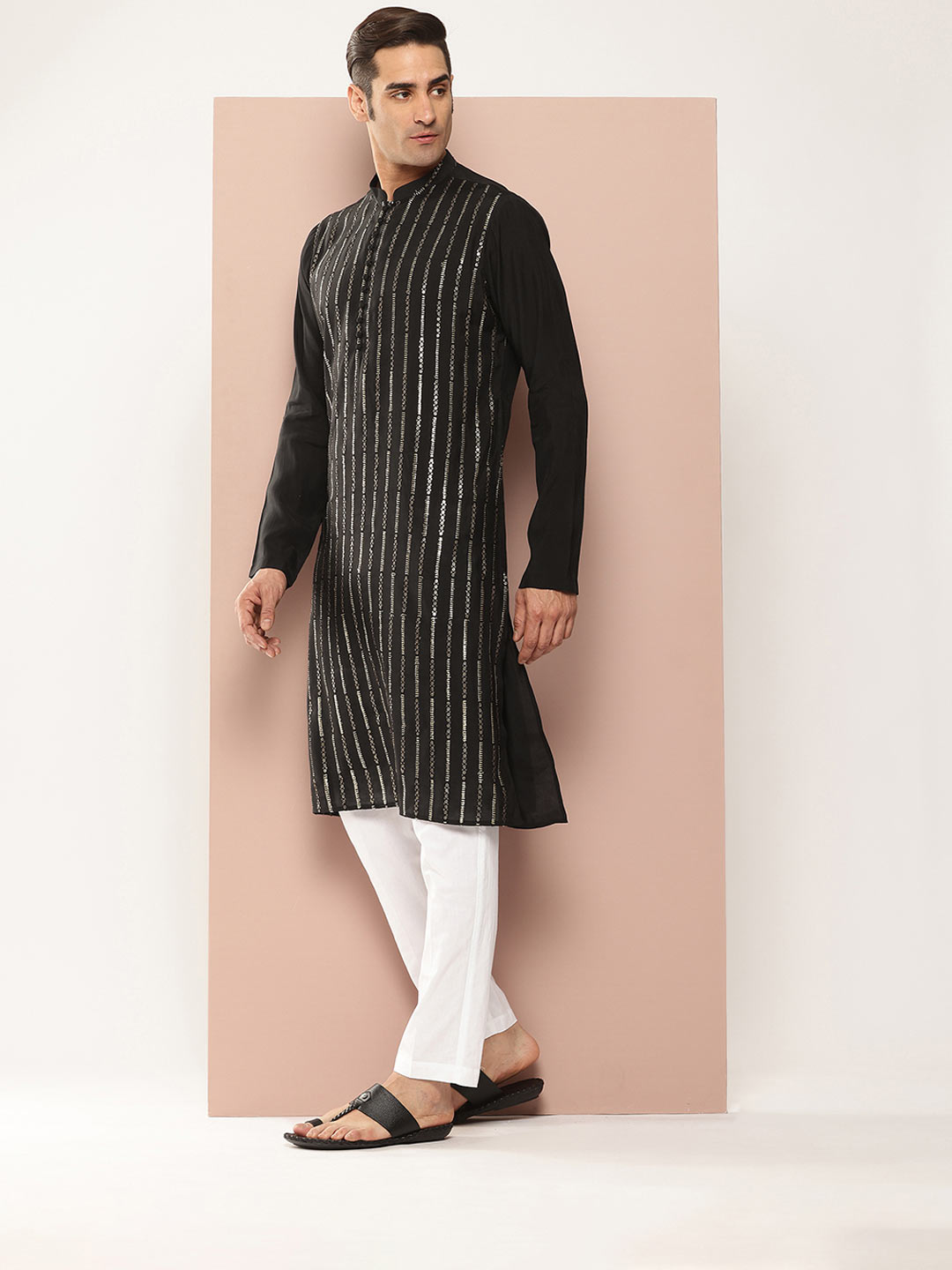 Black Chanderi Silk Kurta with Sequin Embroidery, Paired with Pyjama