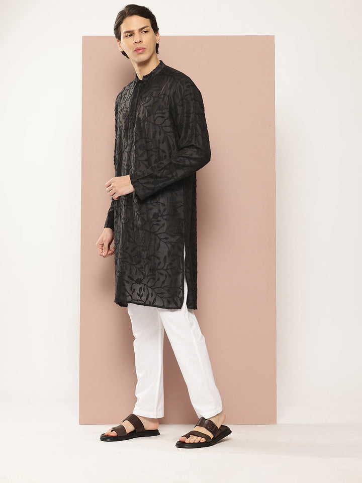 Men's Black Chanderi Silk Embroidered Kurta, Paired with Pyjama