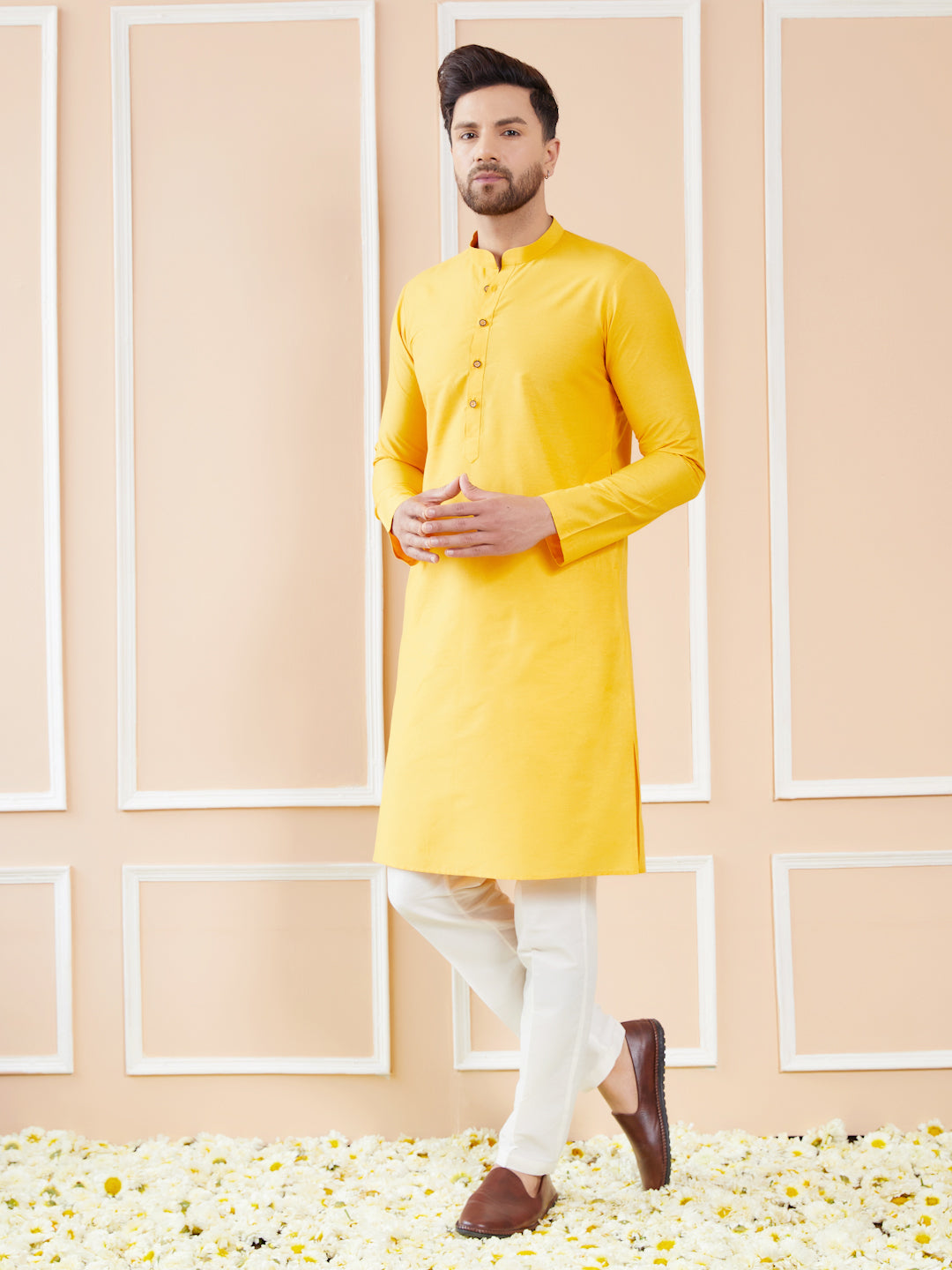 Yellow Cotton Solid Straight Kurta with Pyjama