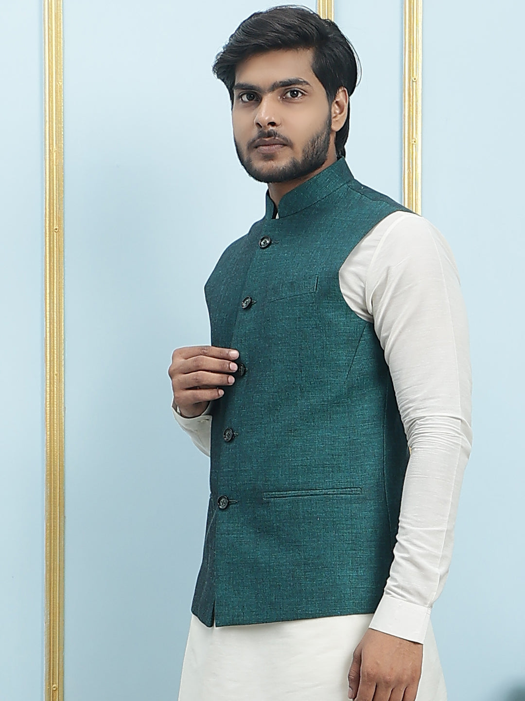 Solid Woven Silk Nehru Jacket