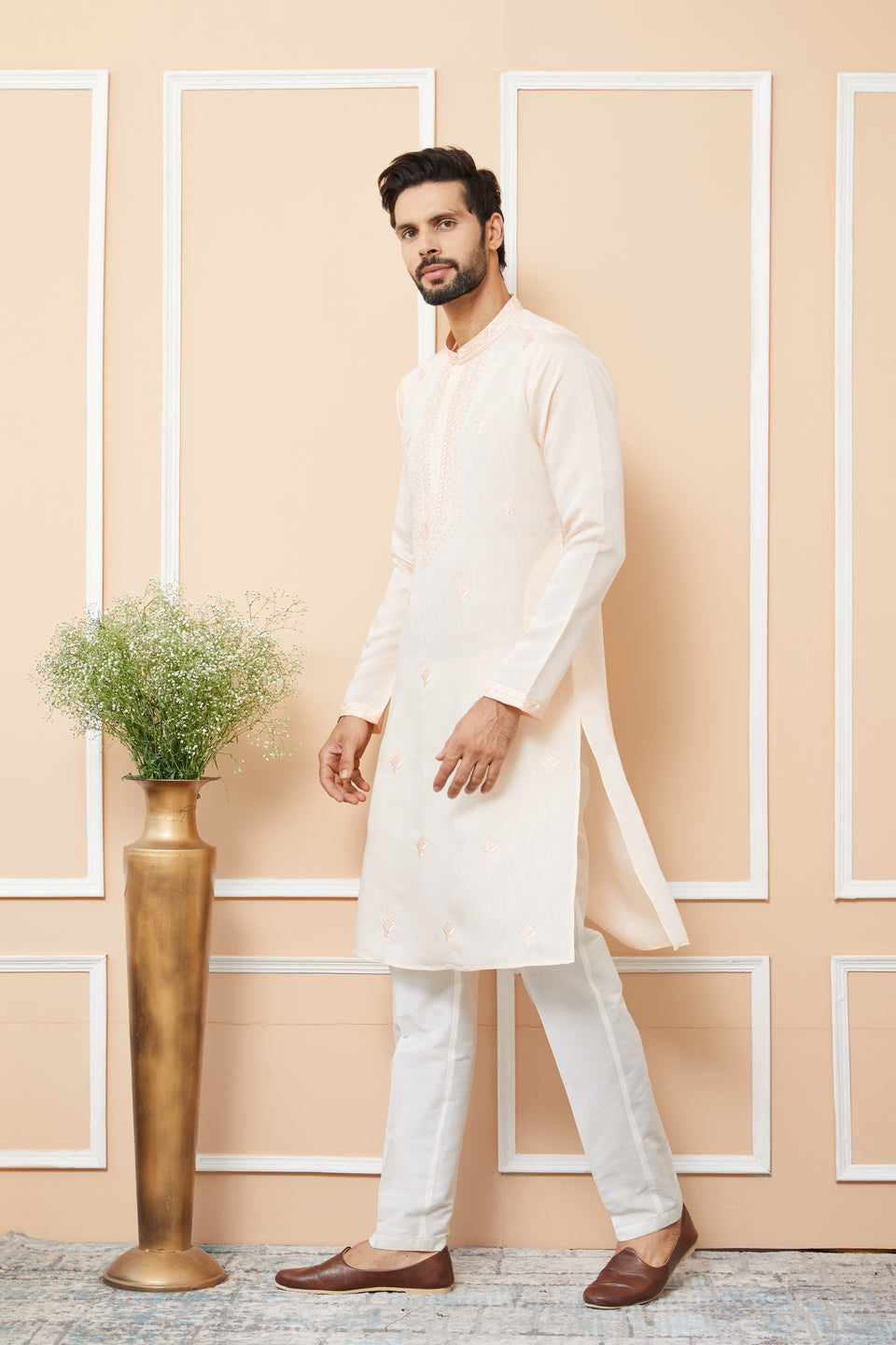 Peach Embroidered Chanderi Silk Straight Kurta