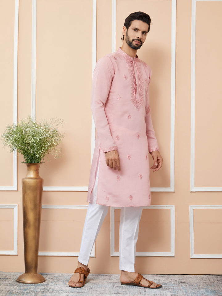 Pale Rose Embroidered Chanderi Silk Straight Kurta with Pyjama