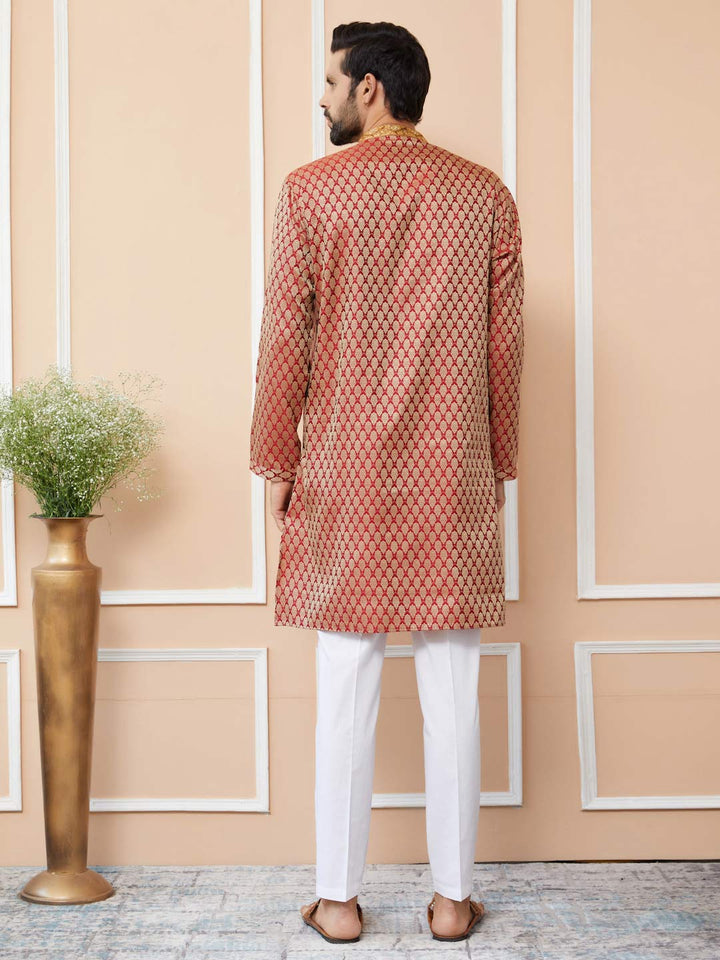 Red-Beige Ethnic Motifs Silk Jacquard Woven Design Straight Kurta with Embroidered Neckline