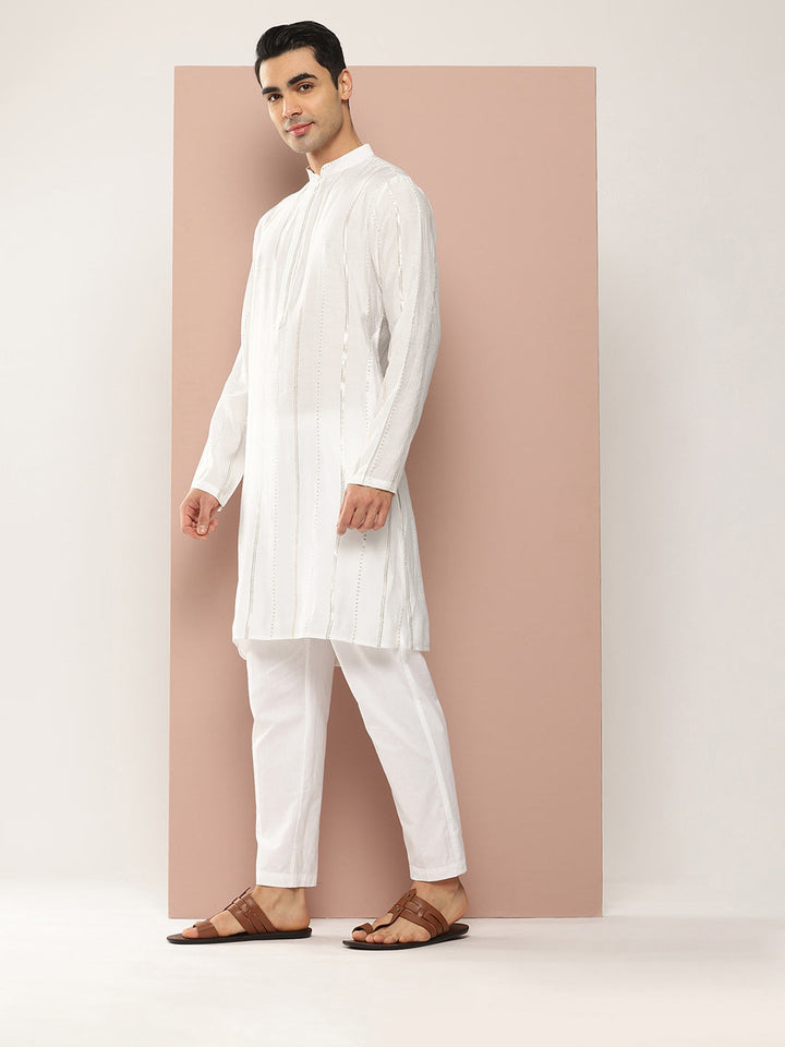 Off White Chanderi Silk Kurta with Sequin Embroidery, Paired with Pyjama