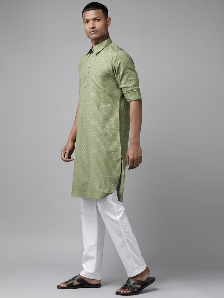 Pure Cotton Olive Green Printed Pathani Kurta