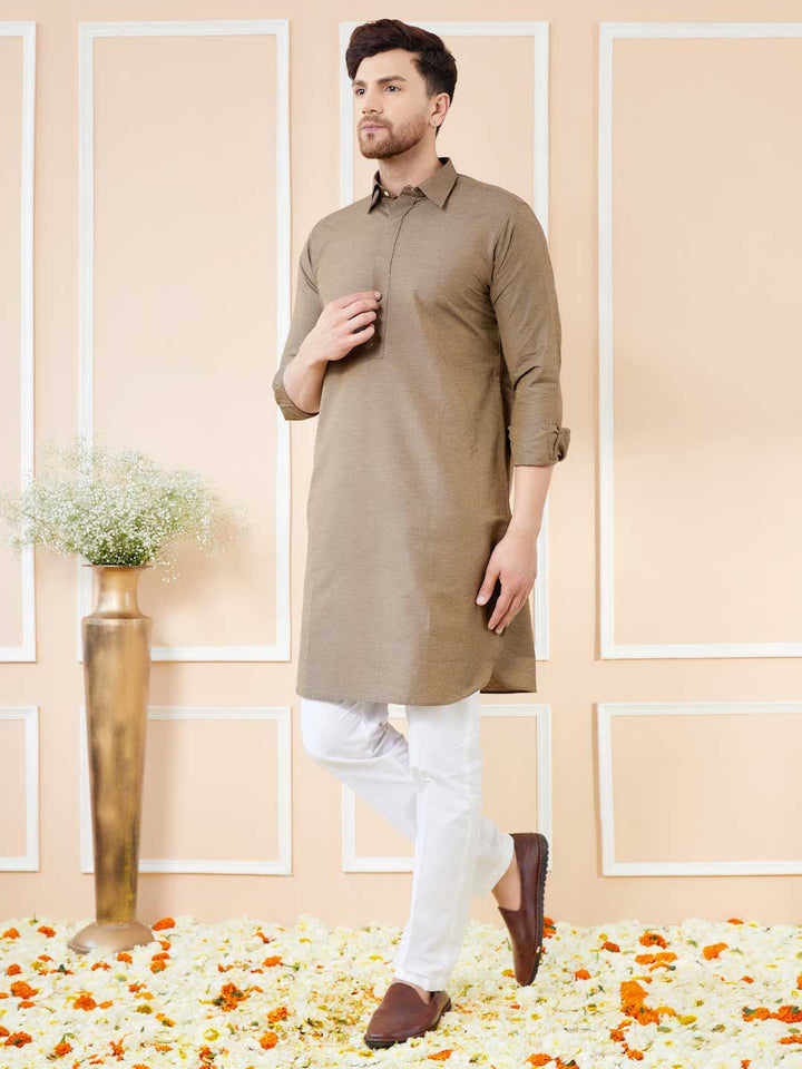 Brown Cotton Solid Pathani Kurta with Pyjama