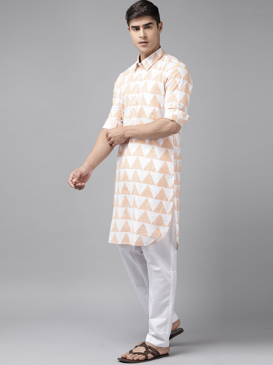 Men White and Orange Pure Cotton Pathani Kurta