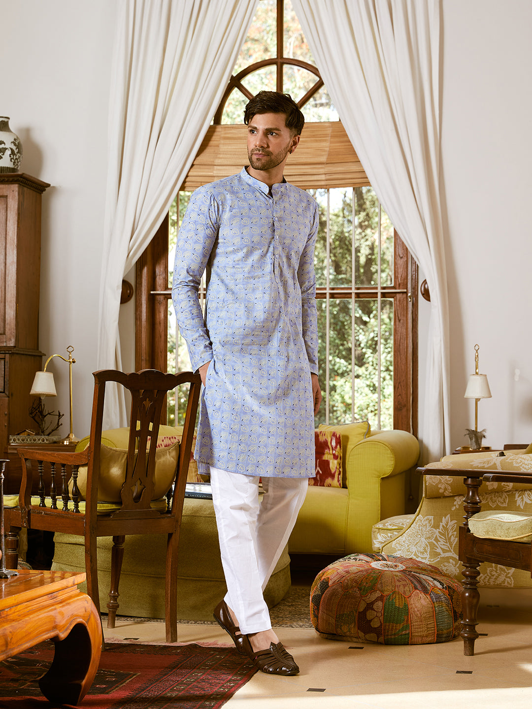 Leaf Printed Pure Cotton Straight Kurta with Pyjama