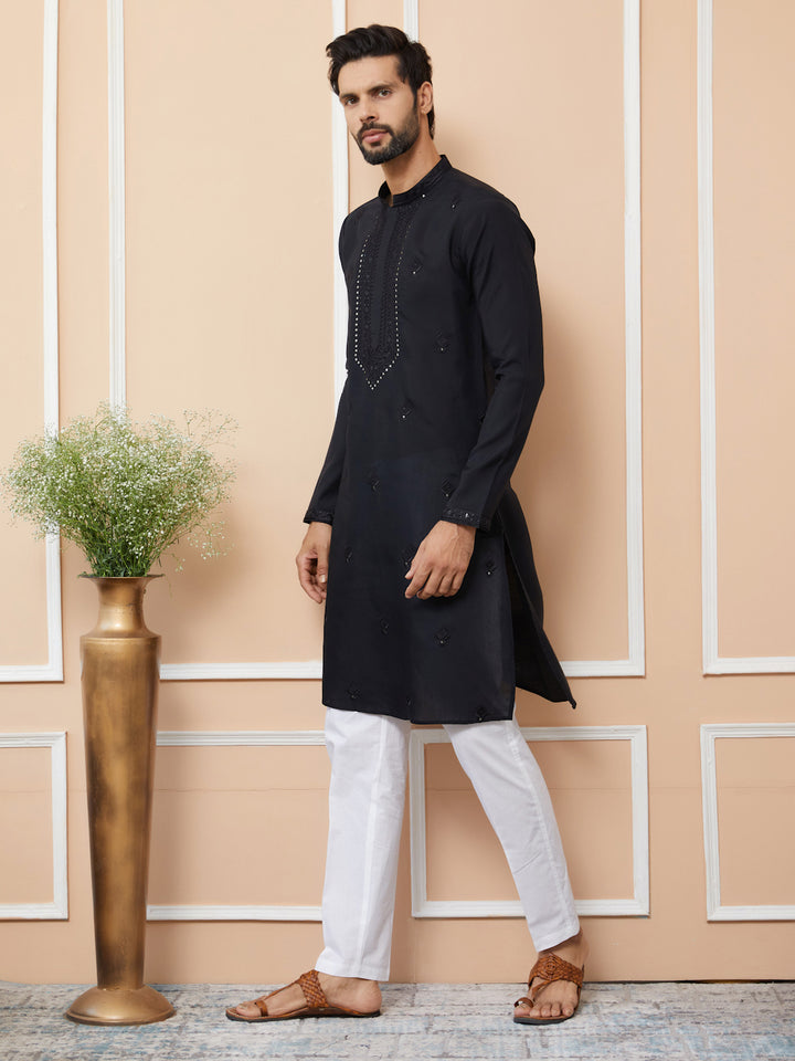 Black Embroidered Chanderi Silk Straight Kurta