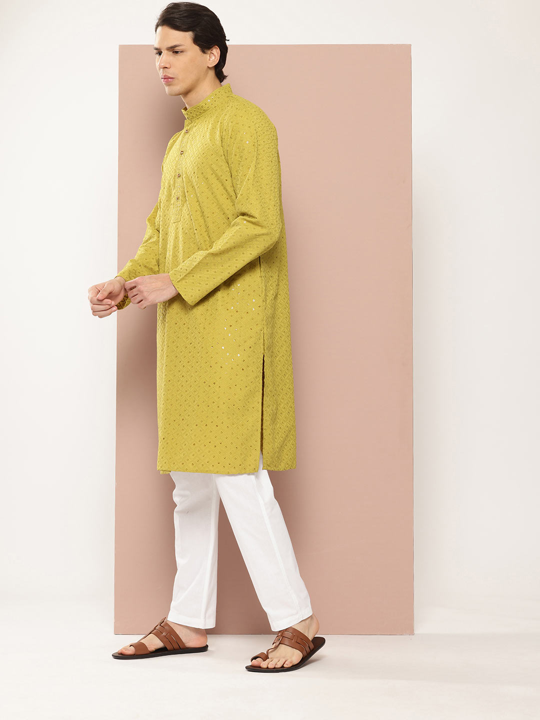 Lime Green Sequin Embroidered Rayon Kurta, Paired with Pyjama