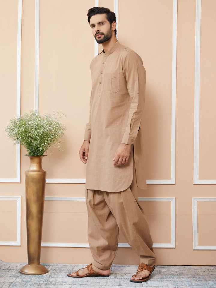 Light Brown Cotton Slub Pathani kurta with Salwar